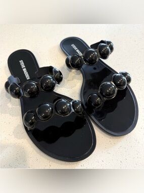 Steve Madden Glossy Black Beaded Double-Strap Slide Sandals